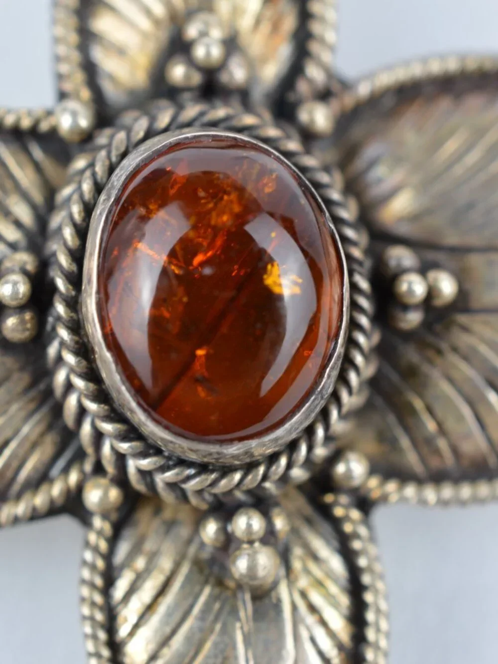 Vintage 925 Sterling Silver Baltic Amber Brooch Pin Flower Star 1.75